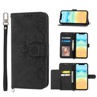 For iPhone 12 / 12 Pro Skin-feel Flowers Embossed Wallet Leather Phone Case(Black)