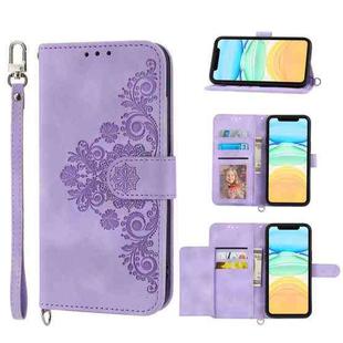 For iPhone 12 / 12 Pro Skin-feel Flowers Embossed Wallet Leather Phone Case(Purple)