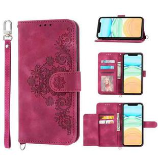 For iPhone 12 / 12 Pro Skin-feel Flowers Embossed Wallet Leather Phone Case(Wine Red)