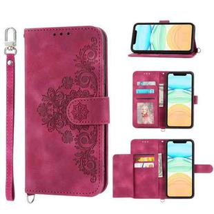 For iPhone 12 mini Skin-feel Flowers Embossed Wallet Leather Phone Case(Wine Red)
