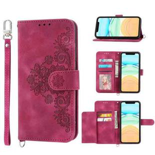 For iPhone 11 Skin-feel Flowers Embossed Wallet Leather Phone Case(Wine Red)