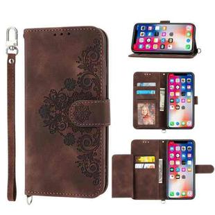 For iPhone XS Max Skin-feel Flowers Embossed Wallet Leather Phone Case(Brown)