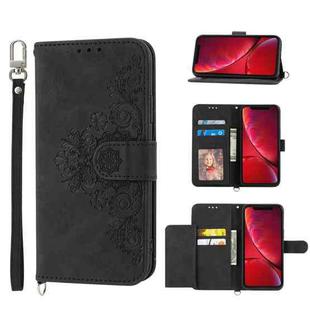 For iPhone XR Skin-feel Flowers Embossed Wallet Leather Phone Case(Black)