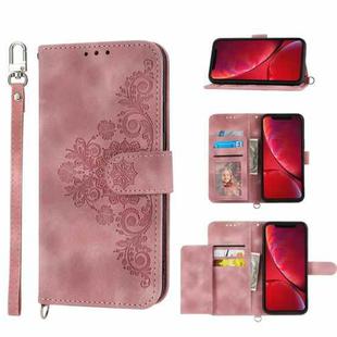 For iPhone XR Skin-feel Flowers Embossed Wallet Leather Phone Case(Pink)