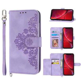 For iPhone XR Skin-feel Flowers Embossed Wallet Leather Phone Case(Purple)
