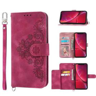 For iPhone XR Skin-feel Flowers Embossed Wallet Leather Phone Case(Wine Red)