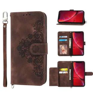For iPhone XR Skin-feel Flowers Embossed Wallet Leather Phone Case(Brown)