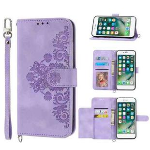 For iPhone SE 2022 / SE 2020 / 8 / 7 Skin-feel Flowers Embossed Wallet Leather Phone Case(Purple)