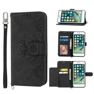 For iPhone 8 Plus / 7 Plus Skin-feel Flowers Embossed Wallet Leather Phone Case(Black)