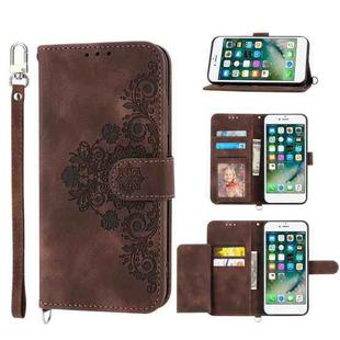 For iPhone 8 Plus / 7 Plus Skin-feel Flowers Embossed Wallet Leather Phone Case(Brown)
