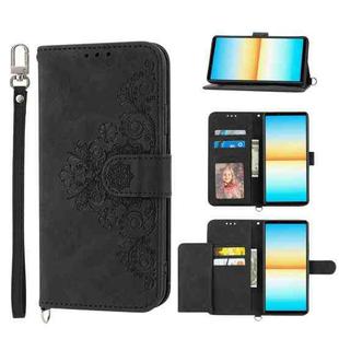 For Sony Xperia 10 IV Skin-feel Flowers Embossed Wallet Leather Phone Case(Black)