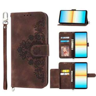 For Sony Xperia 10 IV Skin-feel Flowers Embossed Wallet Leather Phone Case(Brown)