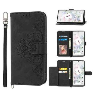 For Google Pixel 6 Skin-feel Flowers Embossed Wallet Leather Phone Case(Black)