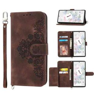 For Google Pixel 7 Pro 5G Skin-feel Flowers Embossed Wallet Leather Phone Case(Brown)