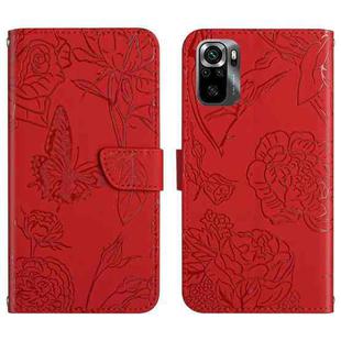 For Xiaomi Poco M5s HT03 Skin Feel Butterfly Embossed Flip Leather Phone Case(Red)