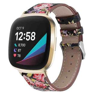For Fitbit Versa 4 / Sense 2 Round Tail Genuine Leather Watch Band(Black Pink Flower)