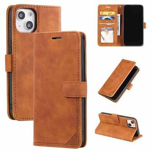 For iPhone 14 Skin Feel Anti-theft Brush Horizontal Flip Leather Phone Case(Brown)