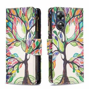 For OPPO A17 Colored Drawing Pattern Zipper Leather Phone Case(Big Tree)