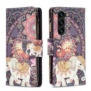 For Samsung Galaxy S23+ 5G Colored Drawing Pattern Zipper Leather Phone Case(Flower Elephants)