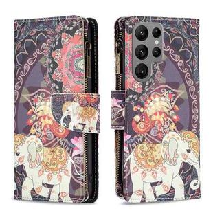 For Samsung Galaxy S23 Ultra 5G Colored Drawing Pattern Zipper Leather Phone Case(Flower Elephants)