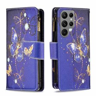 For Samsung Galaxy S23 Ultra 5G Colored Drawing Pattern Zipper Leather Phone Case(Purple Butterfly)