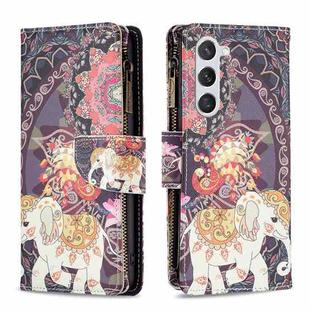 For Samsung Galaxy S23 5G Colored Drawing Pattern Zipper Leather Phone Case(Flower Elephants)
