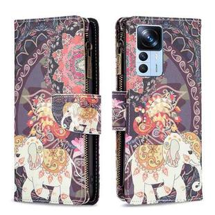 For Xiaomi 12T / 12T Pro / Redmi K50 Ultra Colored Drawing Pattern Zipper Leather Phone Case(Flower Elephants)
