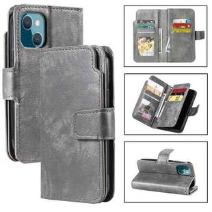 For iPhone 14 Litchi Texture 9 Card Tri-Fold Wallets Leather Phone Case(Grey)