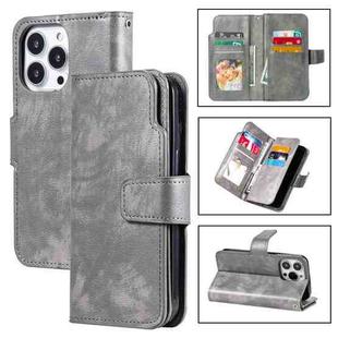 For iPhone 14 Pro Litchi Texture 9 Card Tri-Fold Wallets Leather Phone Case(Grey)