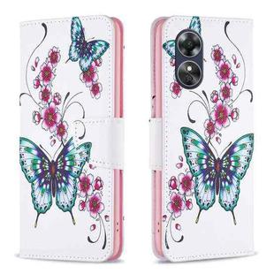 For OPPO A17 Colored Drawing Pattern Leather Phone Case(Flowers Butterfly)