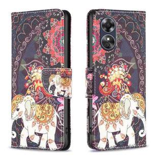 For OPPO A17 Colored Drawing Pattern Leather Phone Case(Flowers Elephant)