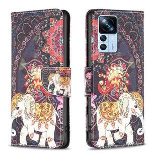 For Xiaomi 12T / 12T Pro / Redmi K50 Ultra Colored Drawing Pattern Leather Phone Case(Flowers Elephant)