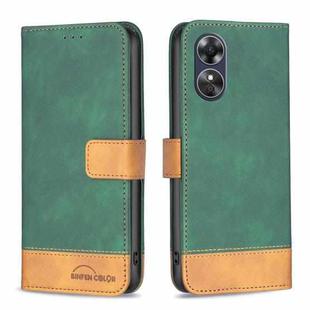 For OPPO A17 BF11 Color Matching Skin Feel Leather Phone Case(Green)