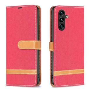 For Samsung Galaxy A14 5G Color Block Denim Texture Leather Phone Case(Red)