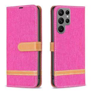 For Samsung Galaxy S23 Ultra 5G Color Block Denim Texture Leather Phone Case(Rose Red)