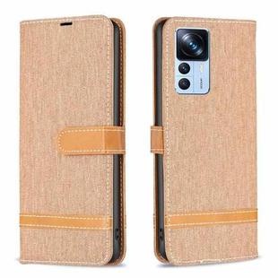 For Xiaomi 12T / 12T Pro / Redmi K50 Ultra Color Block Denim Texture Leather Phone Case(Brown)
