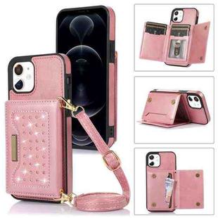 For iPhone 11 Three-fold RFID Leather Phone Case with Lanyard(Rose Gold)