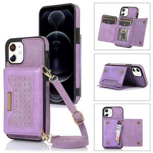 For iPhone 11 Three-fold RFID Leather Phone Case with Lanyard(Purple)