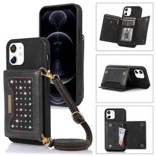 For iPhone 12 Three-fold RFID Leather Phone Case with Lanyard(Black)