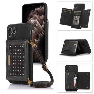 For iPhone 11 Pro Three-fold RFID Leather Phone Case with Lanyard(Black)