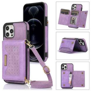 For iPhone 12 Pro Max Three-fold RFID Leather Phone Case with Lanyard(Purple)