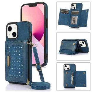 For iPhone 13 Three-fold RFID Leather Phone Case with Lanyard(Blue)