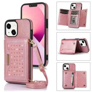 For iPhone 13 Three-fold RFID Leather Phone Case with Lanyard(Rose Gold)
