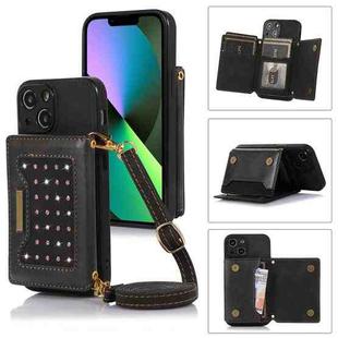 For iPhone 13 Mini Three-fold RFID Leather Phone Case with Lanyard(Black)