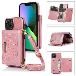 For iPhone 13 Mini Three-fold RFID Leather Phone Case with Lanyard(Rose Gold)