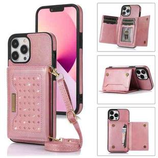 For iPhone 13 Pro Three-fold RFID Leather Phone Case with Lanyard(Rose Gold)