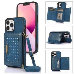 For iPhone 13 Pro Max Three-fold RFID Leather Phone Case with Lanyard(Blue)