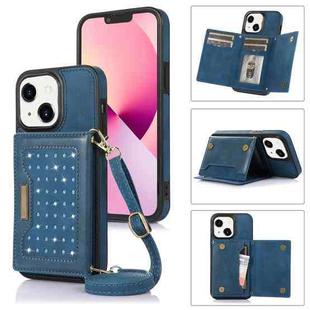 For iPhone 14 Three-fold RFID Leather Phone Case with Lanyard(Blue)
