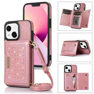 For iPhone 14 Three-fold RFID Leather Phone Case with Lanyard(Rose Gold)