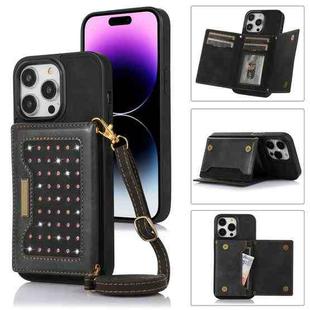 For iPhone 14 Pro Three-fold RFID Leather Phone Case with Lanyard(Black)